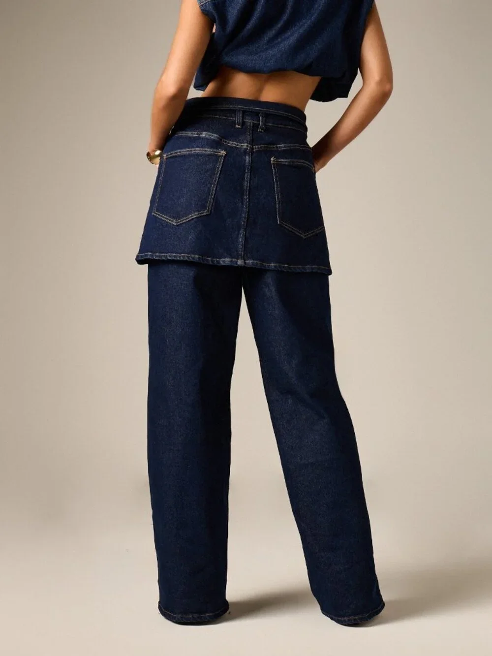 Dark Wash Elegant Women's Loose High Rise Wide Leg Denim Pants